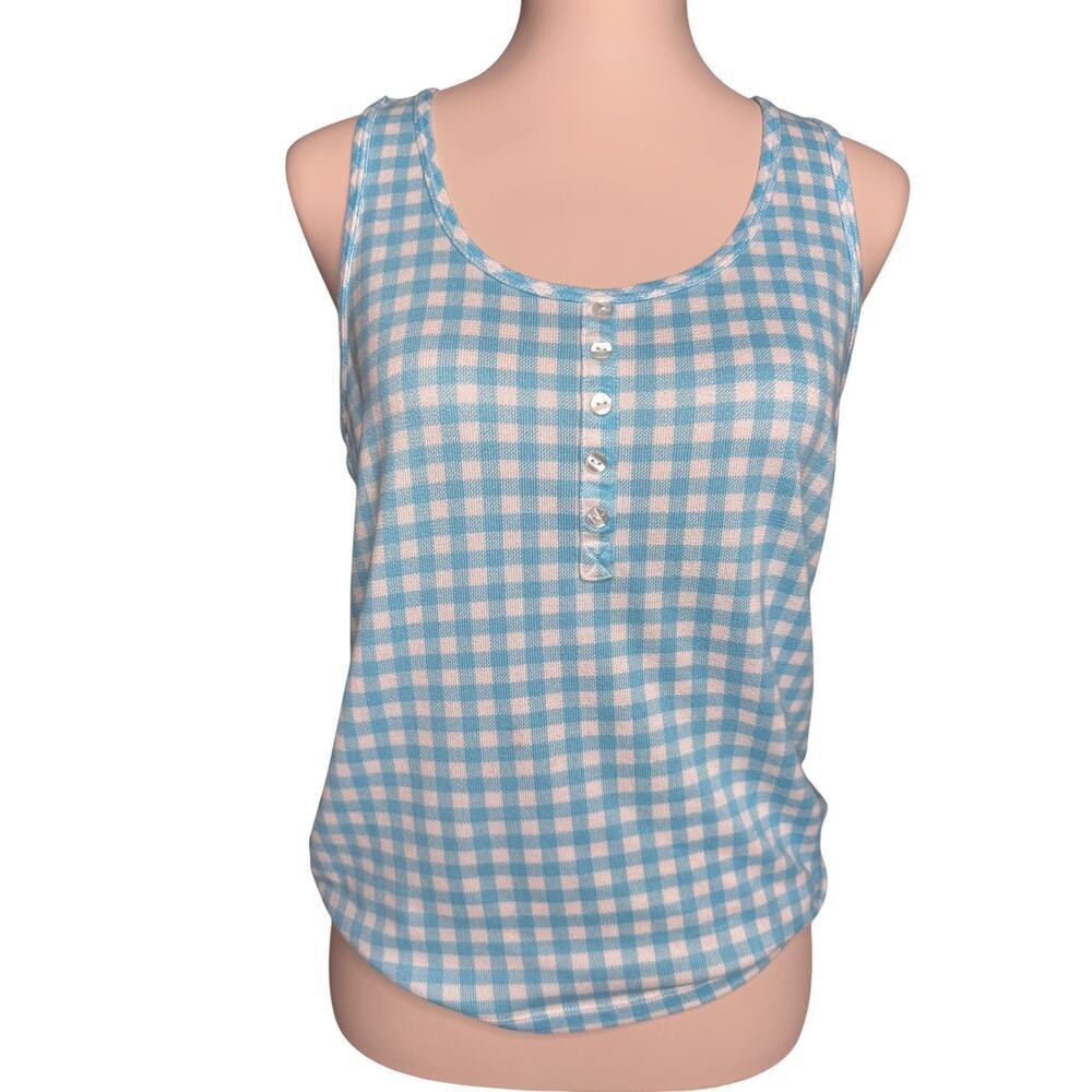 KIKIT Blue White Gingham Tank Top Button Front Soft Stretch Y2K Small